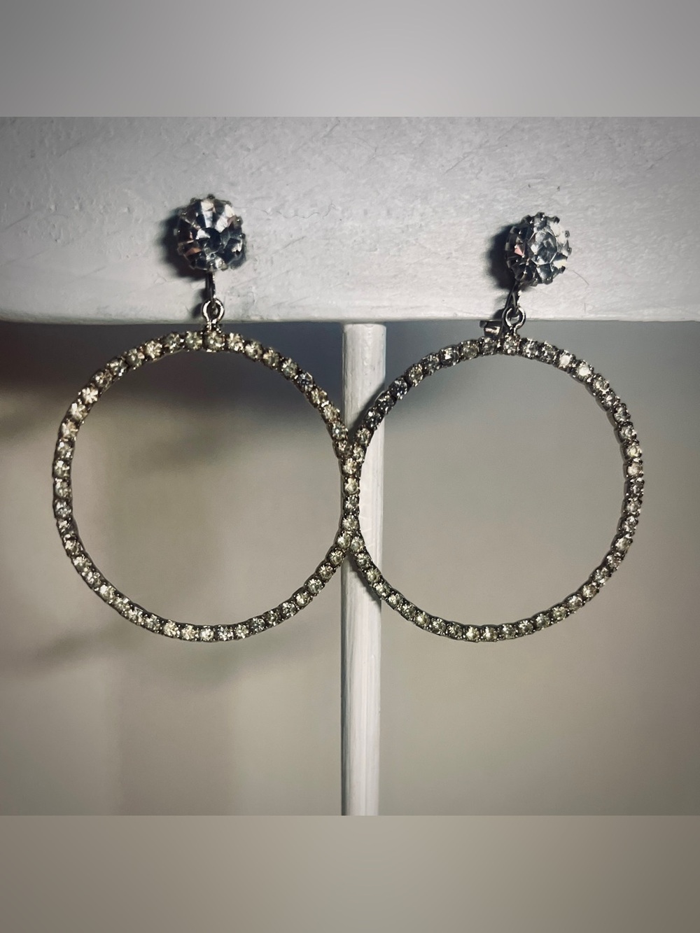 Clip On Vintage Large Crystal Silver-Tone Drop Hoop Earrings